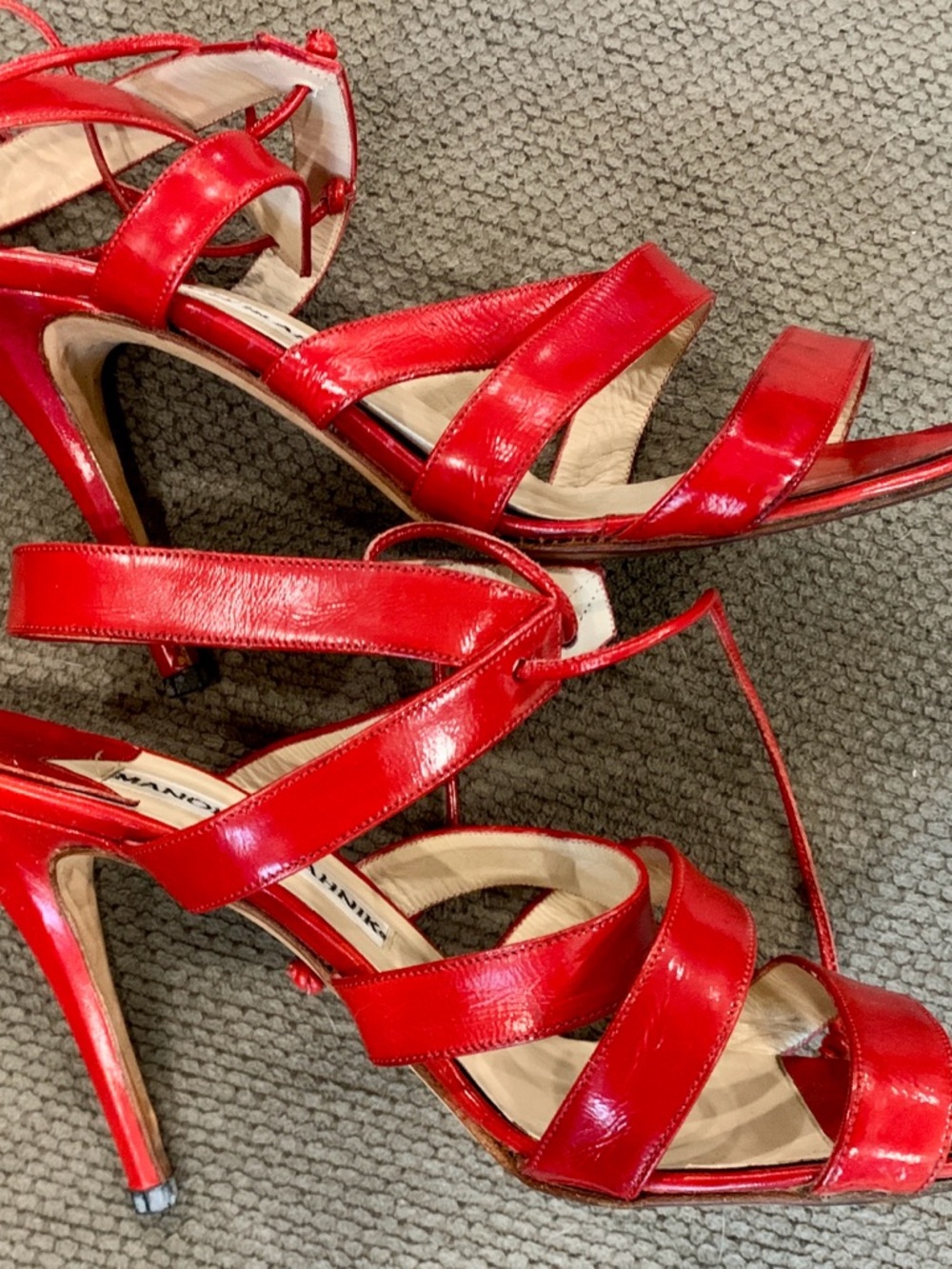 Manolo Blahnik Red Patent Strappy High Heel Sandals